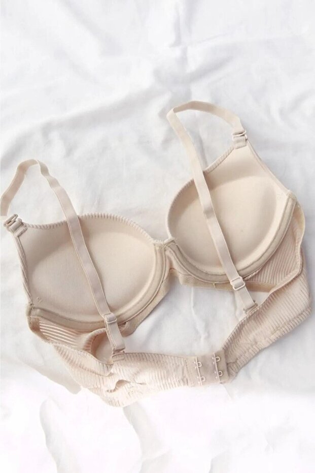 Basic Ribbed Patterned Supported Nude Bra Set - 2
