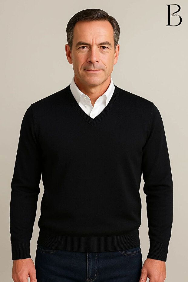Winter V-Neck Fine Wool Black Dad Sweater