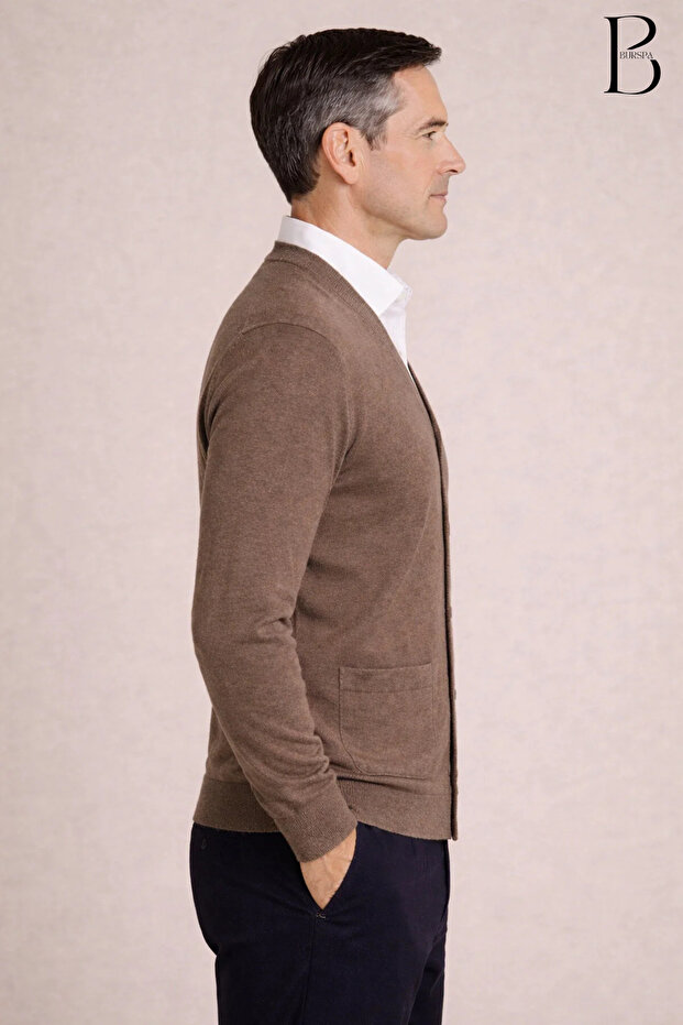 سترة أبي شتوية من الصوف الناعم الناعم باللون البني مع جيوب - 4