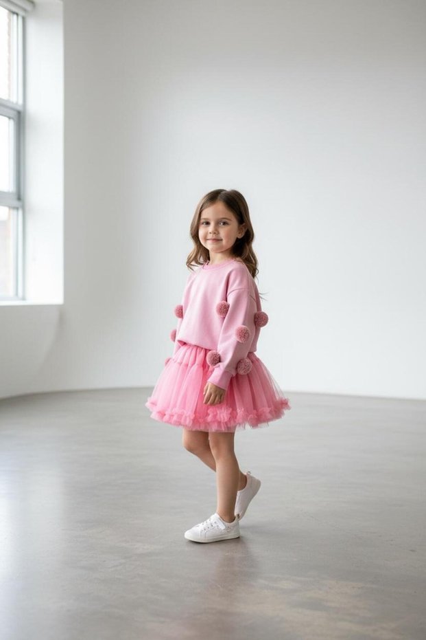 Girls' Pom-Pom Detail Tulle Skirt Set
