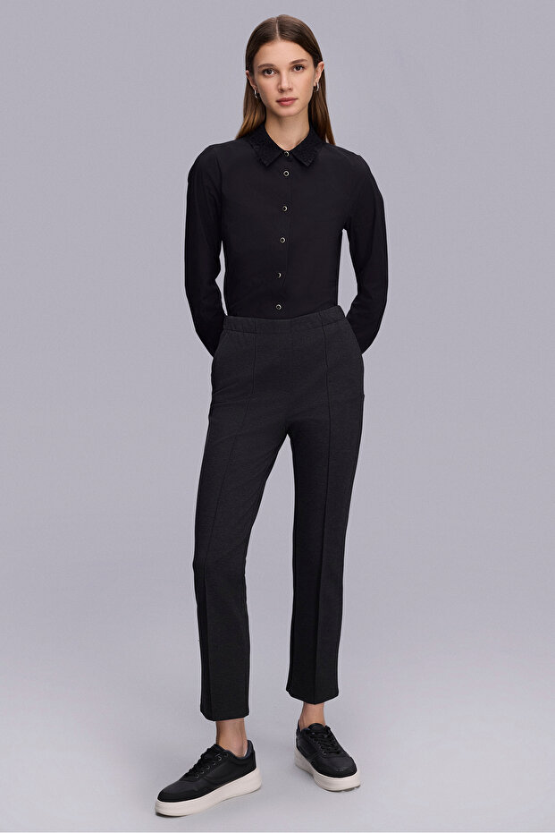 Önü Dikişli Antrasit Örme Pantolon - 1