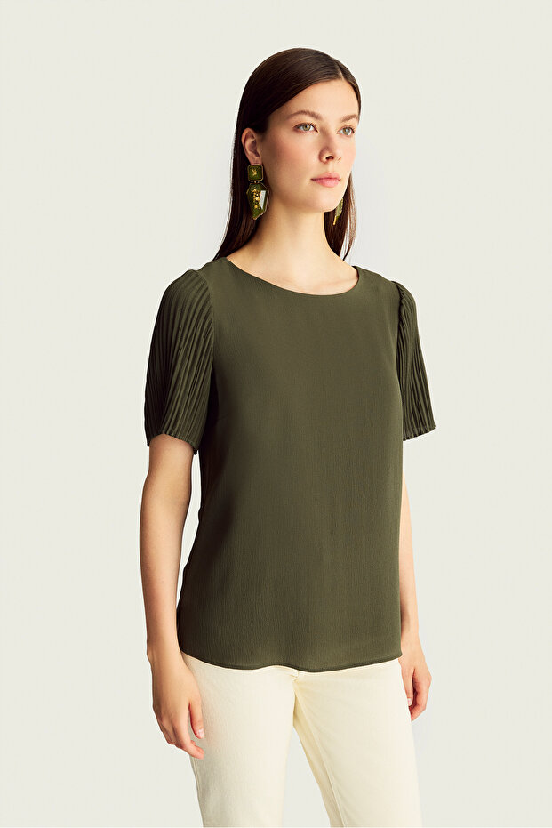 Kolları Piliseli Haki Bluz - 3