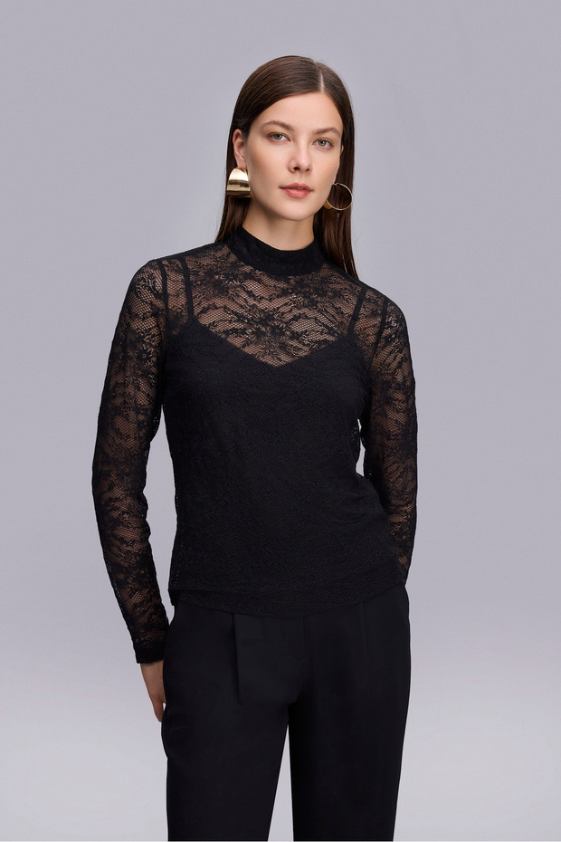 Dik Yaka Siyah Dantel Bluz - 2