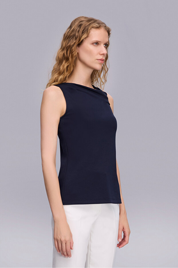 Yaka Detaylı Örme Lacivert Bluz - 2