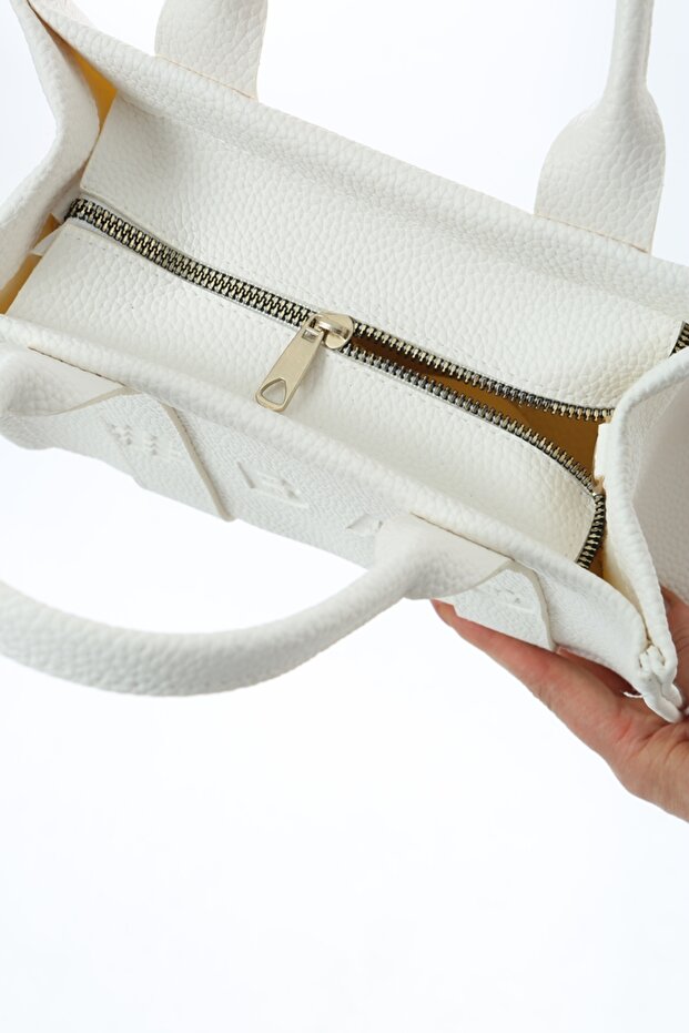 Beyaz Deri Mini Tote Çanta - 7