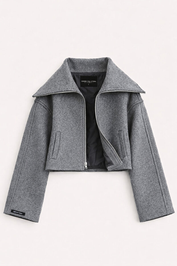 Women's Norra Wide Collar Zippered Short Coat Anthracite