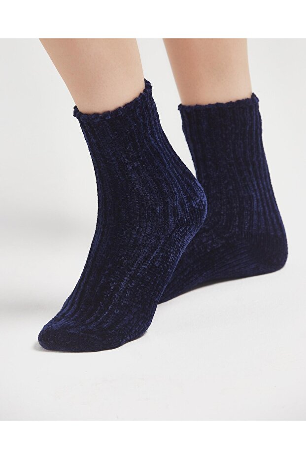 Velvet Textured Women's Winter Home Socks Navy Blue