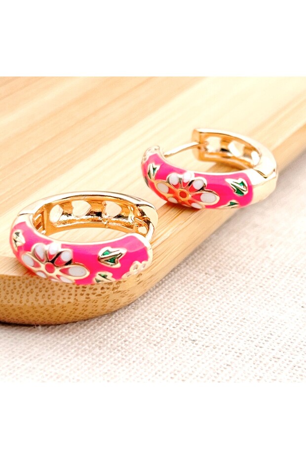 Tarnish Resistant Steel Gold Color Pink Enamel Floral Hoop Earrings - Gift Boxed
