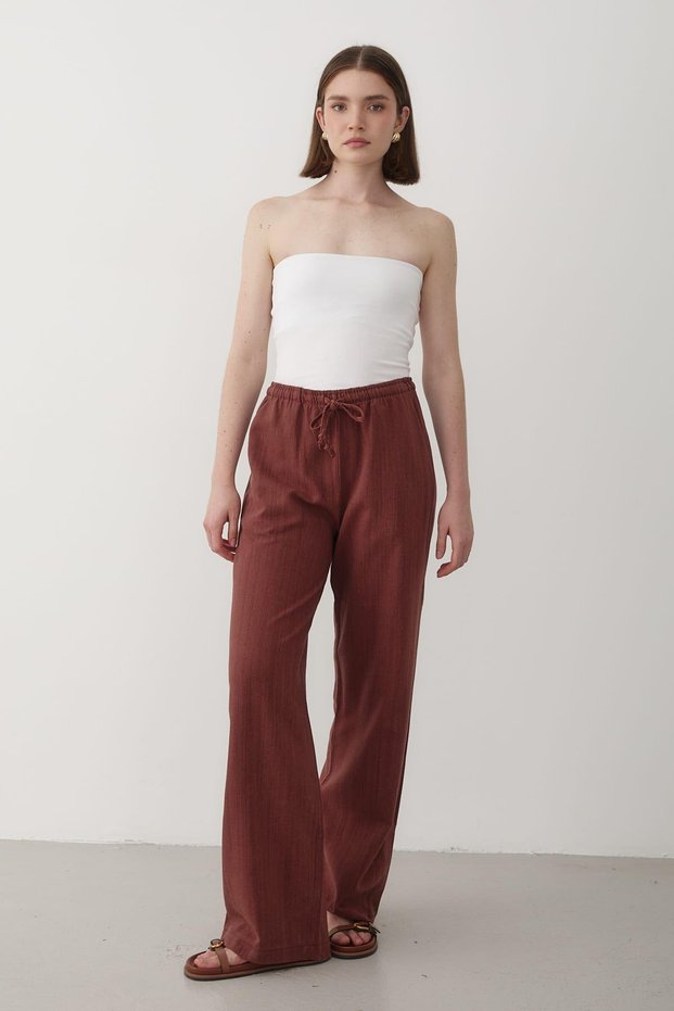 Women's Elastic Waist Wide Leg Palazzo Linen Trousers Tiles