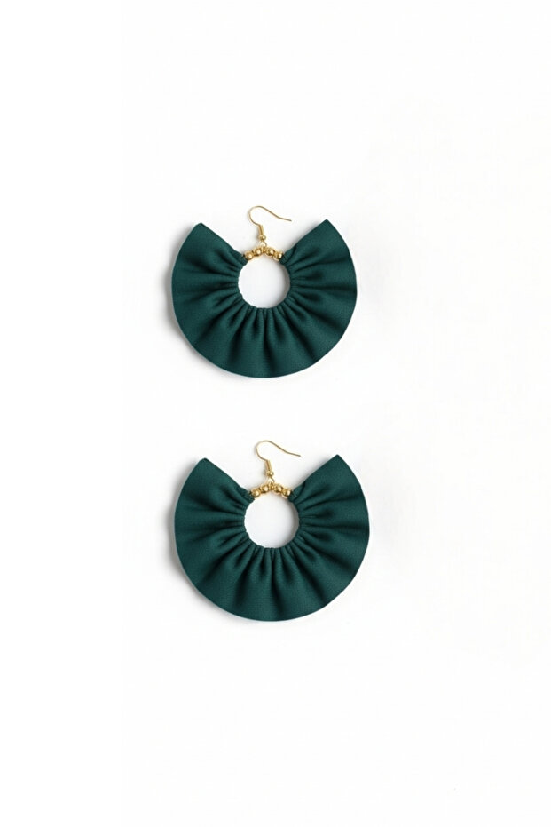 Women's Gold Color Hoop Dangle Earrings – Dark Green Fabric Beaded Design