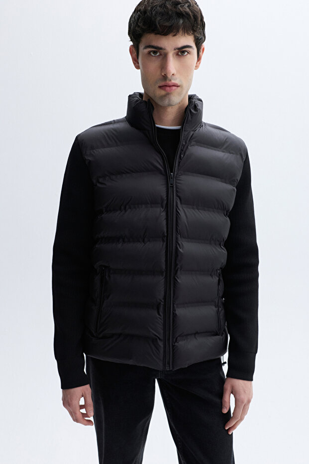 Men's Black Stand Collar Inflatable Coat with Sleeve Detail