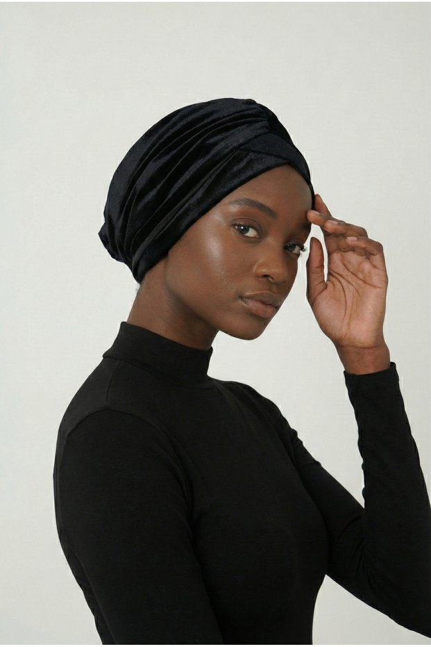 Velvet Cardigan Lined Black Ready-Made Turban Hijab Bonnet Suitable for Medical Use