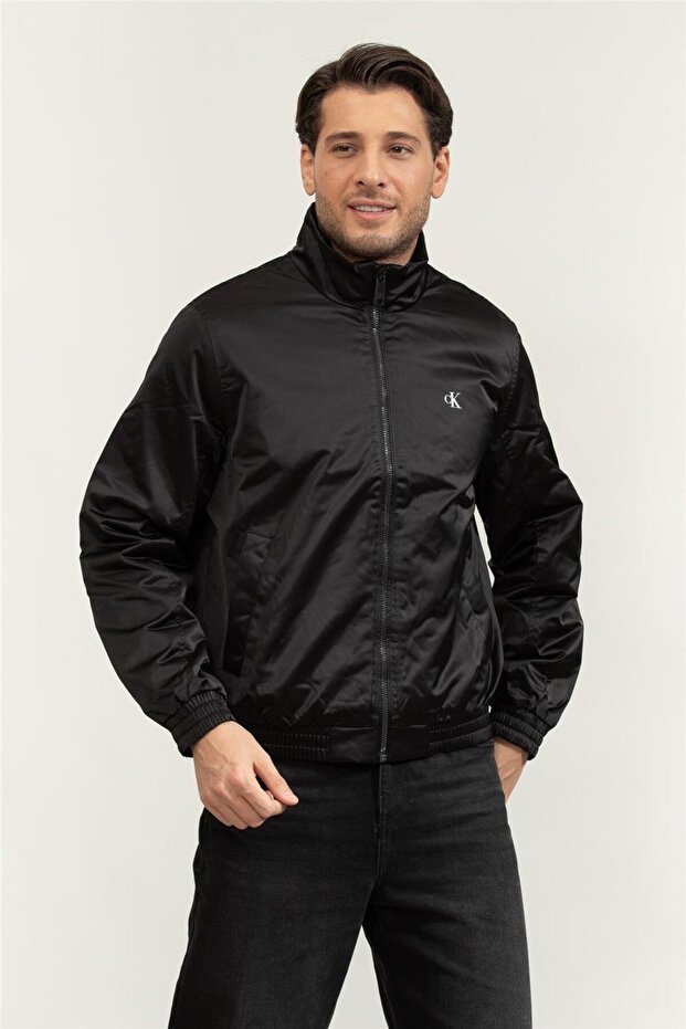 Men Black Padded Zip Mock Neck Jacket - 2
