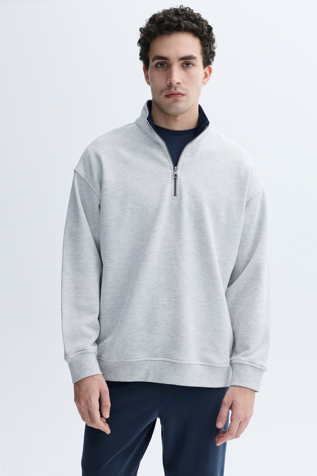 FERMUARLI DİK YAKA OVERSIZE SWEATSHIRT - 1