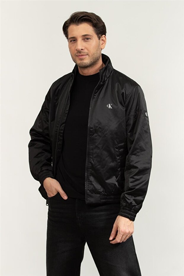 Men Black Padded Zip Mock Neck Jacket - 1