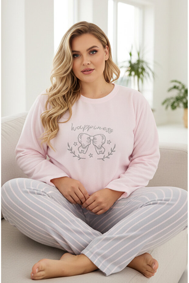 Pink Striped Embroidered Plus Size Fleece Winter Knitted Pajamas Set