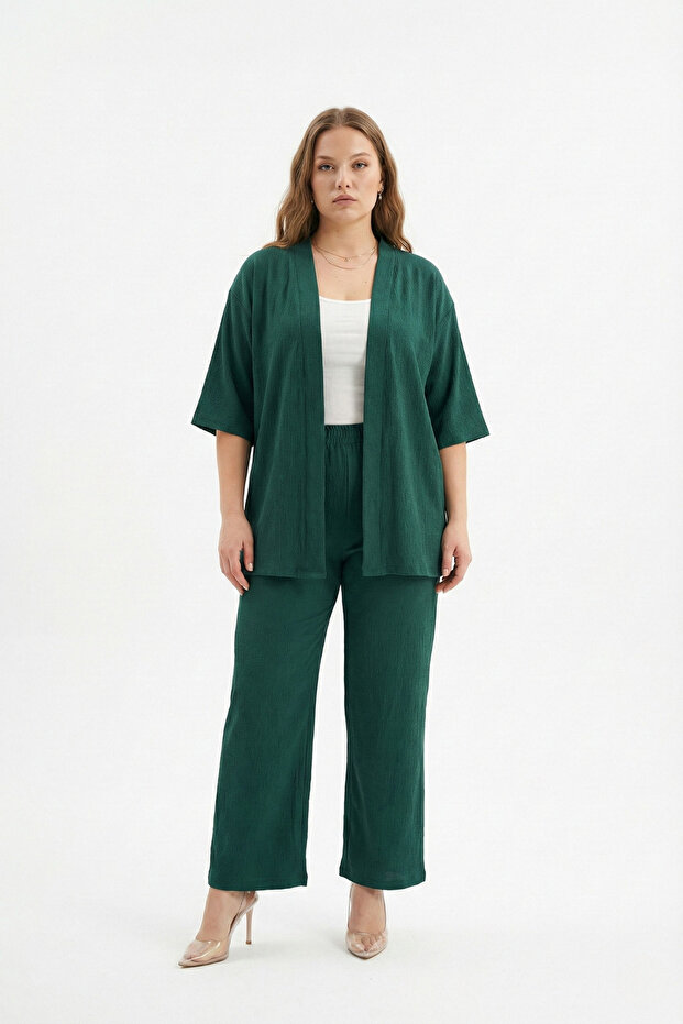 Plus Size Kimono Cardigan 2-Piece Set – Wrinkled Fabric Oversized Stylish Set