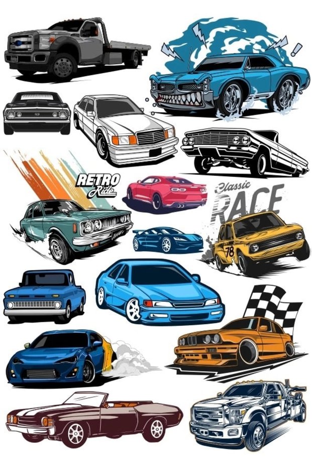 Retro Cars Sticker Set 3 14 Pieces Phone, Tablet, Notebook, Laptop Sticker