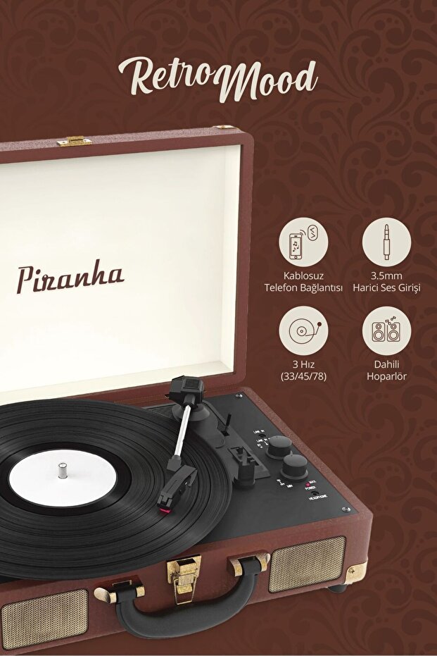 7325 Bluetooth’lu Çantalı Pikap | 33/45/78 Devir | Dahili Hoparlör | RCA & 3.5mm Giriş - 3