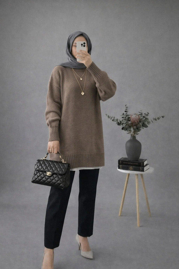 Vizon Bisiklet Yaka Oversize Triko Tunik - 1