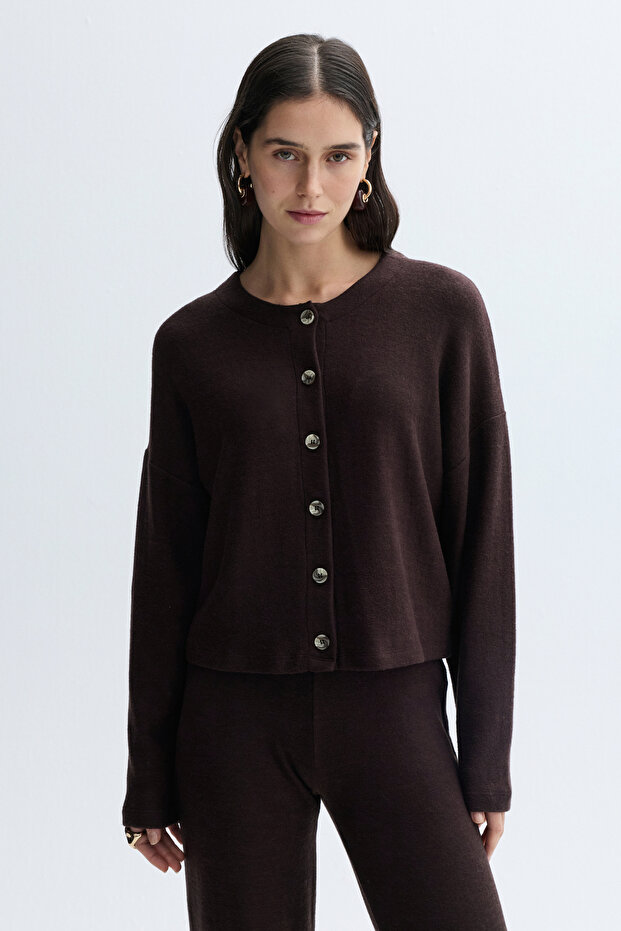 Women's Stone Color Crew Neck Buttoned Cardigan