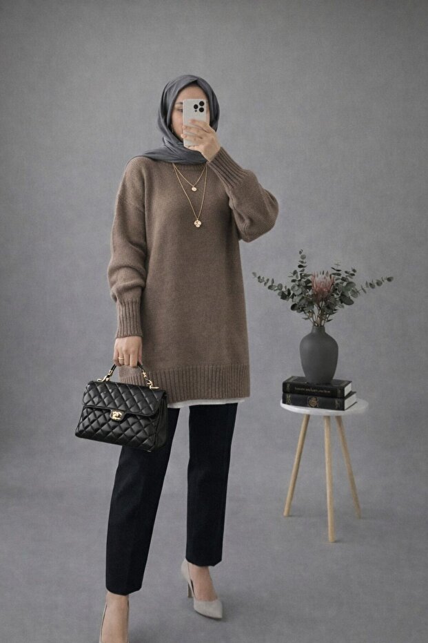 Vizon Bisiklet Yaka Oversize Triko Tunik - 4