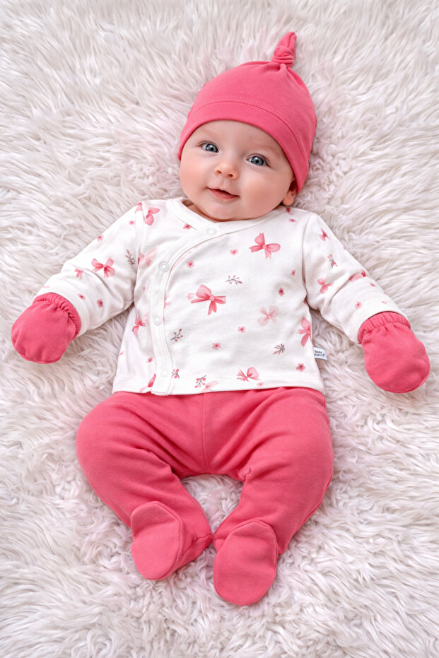 Linda Harris Bow Pattern Rose 5’li Yenidoğan Kız Bebek Hastane Çıkışı Seti
