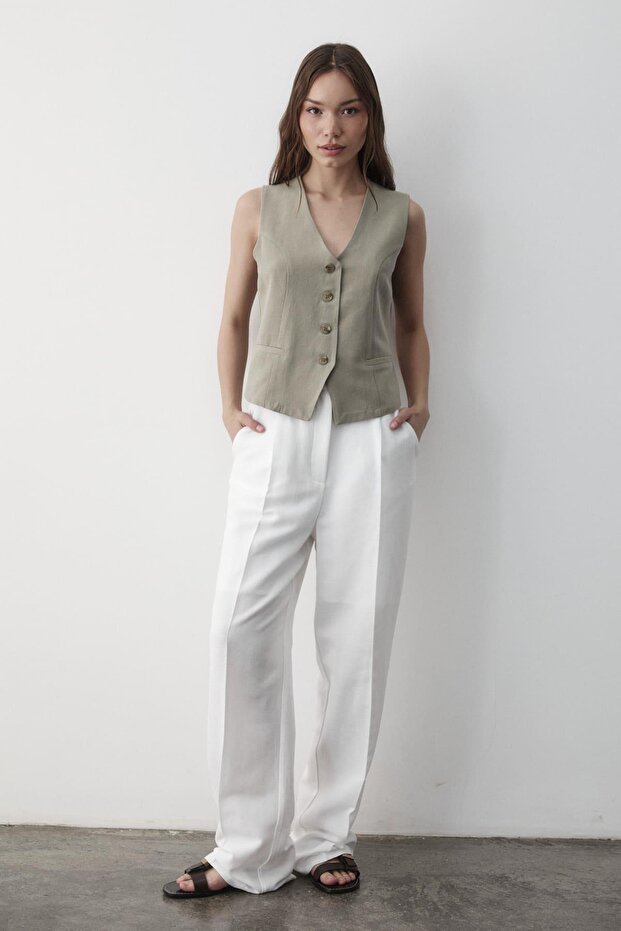 Women's Lined Button Detailed Linen Vest Khaki