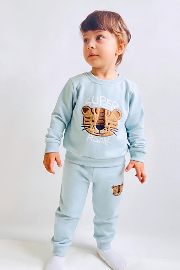Boy's Tracksuit Set with Cute Tiger Embroidery, Ages 1-4, Water Green