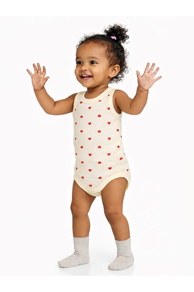 Heart Printed 1-36 Months Snap Fastener Badi - Yellow