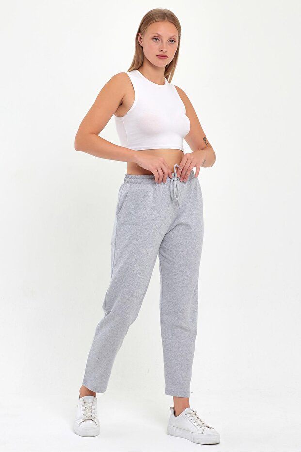 Women's Gray Side Pocket Straight Leg Pocket Label Detailed Sweatpants
