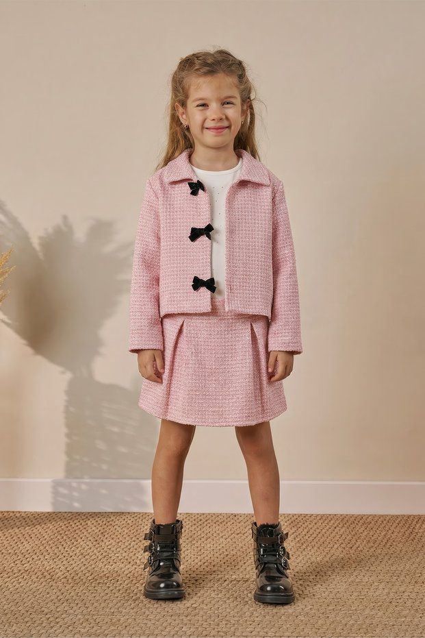 Girl's Tweed Jacket with Skirt 3-Piece Top and Bottom Set Pink