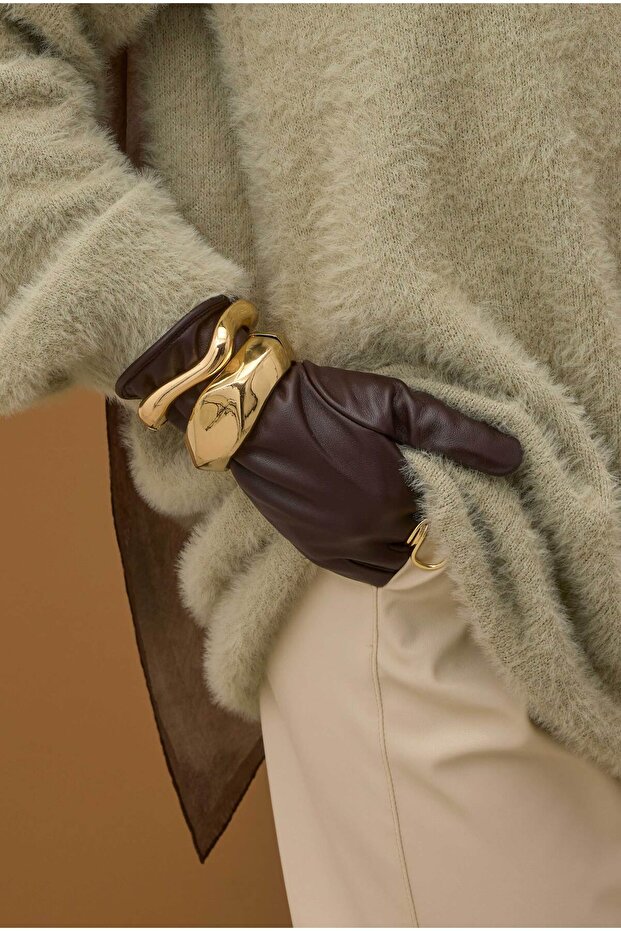 %100 Deri Kısa Eldiven Acı Kahve - 3