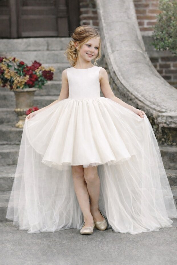 Girls' Front Short Back Long Tail Detailed Ecru Prom, Party & Graduation Dress
