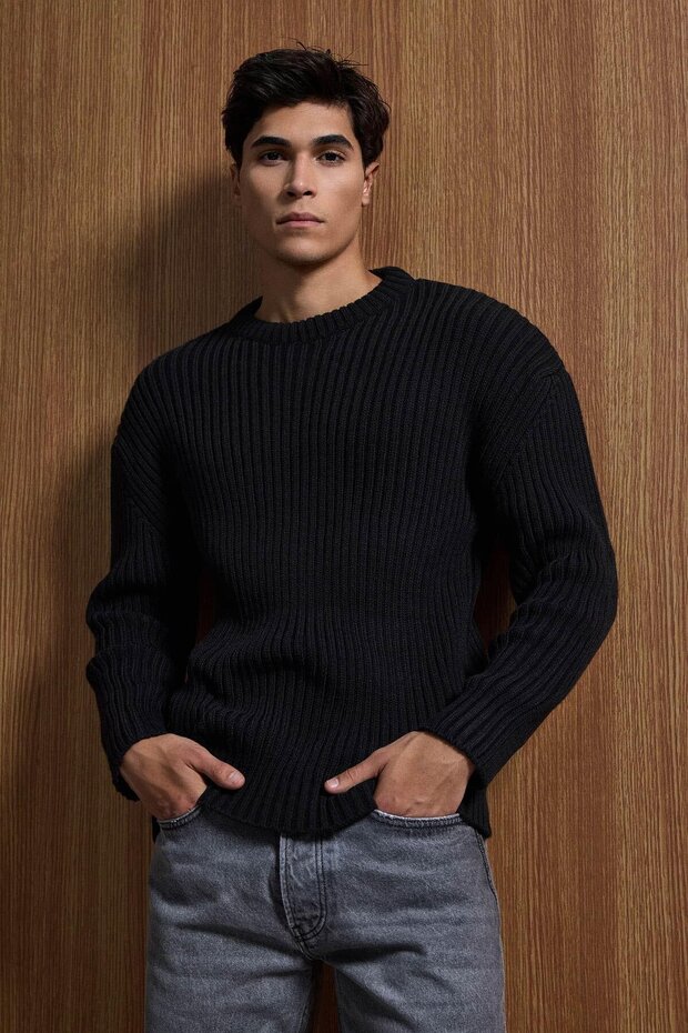 Erkek Oversize Fitilli Basic Triko Kazak Siyah - 3