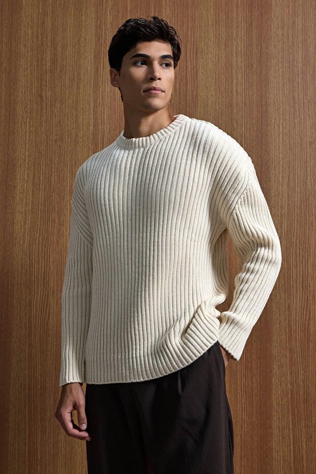 Erkek Oversize Fitilli Basic Triko Kazak Bej - 1