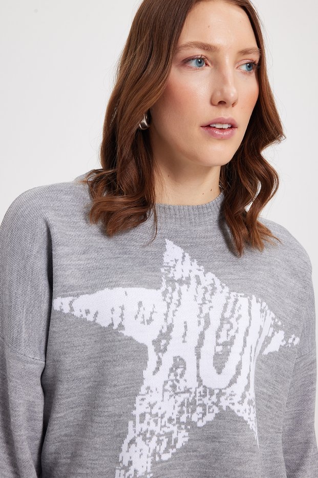Women's Oversized wide cut knitted detailed Printed crew neck gray sweater