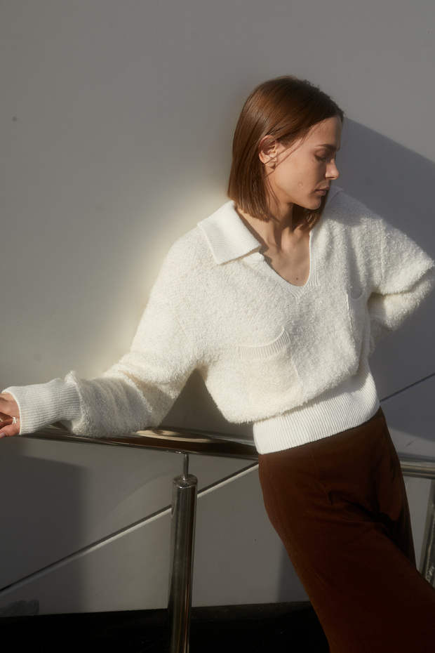 Ecru Long Sleeve Polo Neck Wool Boucle Women's Knitwear Sweater