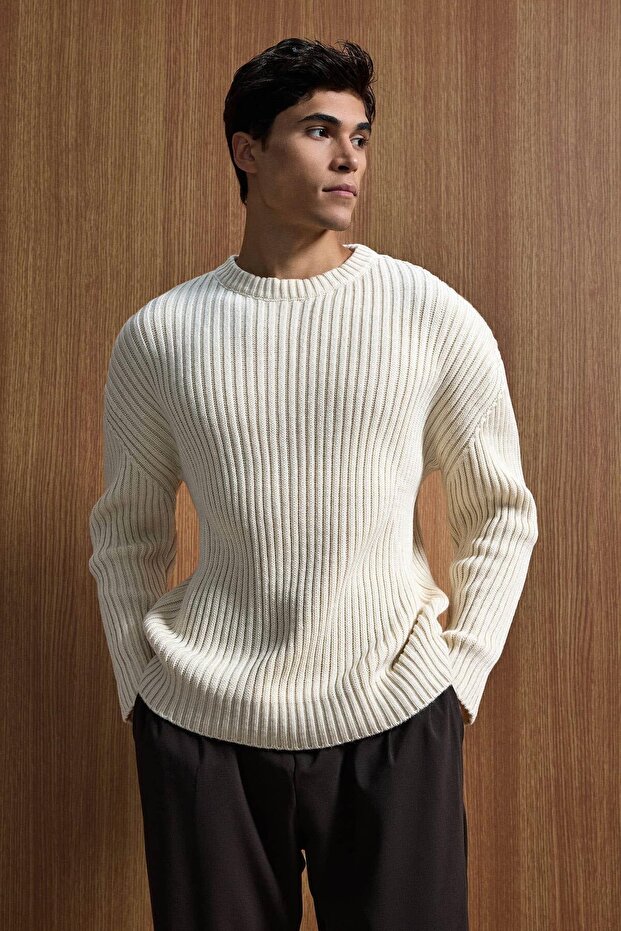 Erkek Oversize Fitilli Basic Triko Kazak Bej - 3