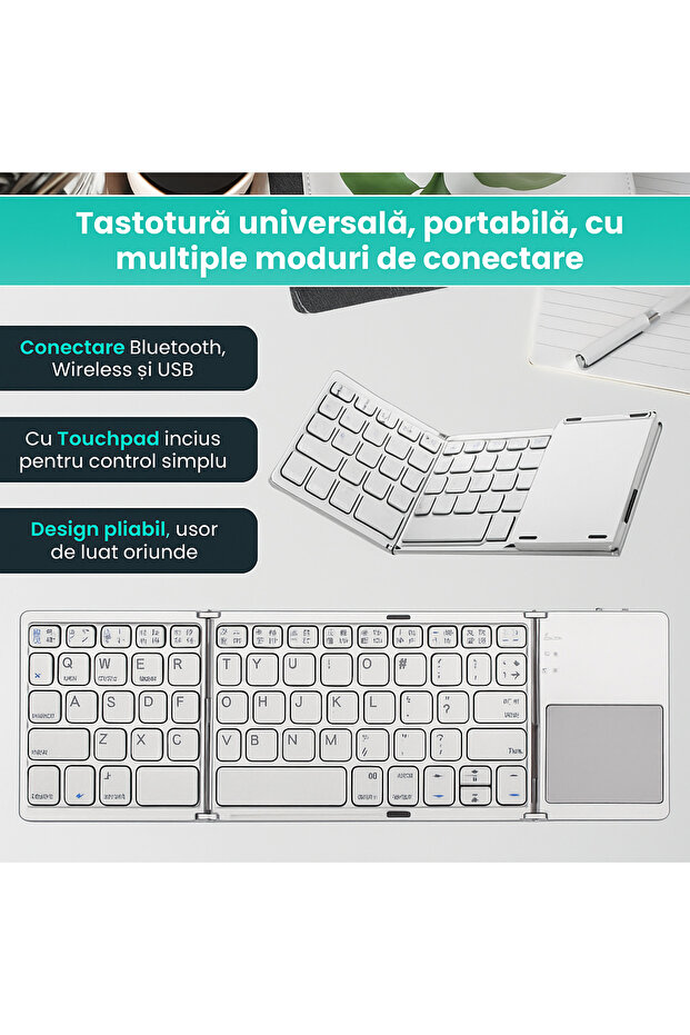 Universal foldable keyboard, Wireless, Bluetooth, compatible with Windows, Android, iOS, SmartTV, Silver - 4