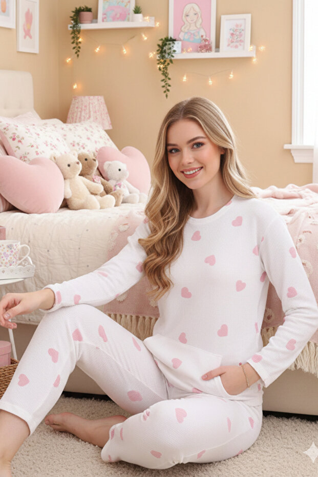 Waffle Knitted Long Sleeve Women's Pajama Set with Pocket Detail