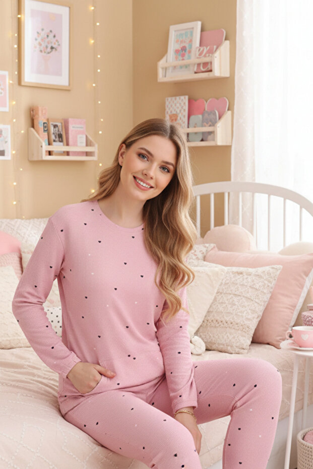 Waffle Knitted Long Sleeve Women's Pajama Set with Pocket Detail