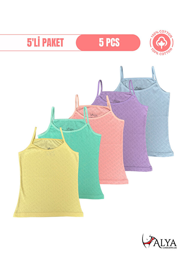 Girl - 100% Cotton Undershirt with Garson Strap, Heart Jacquard Fabric, Pack of 5