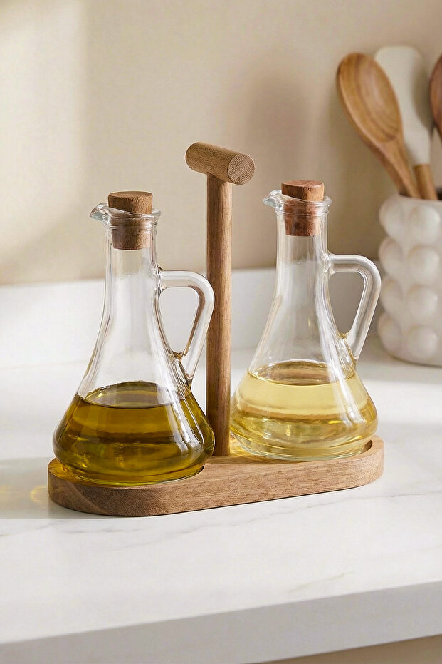 Set of 2 Glass Olive Oil and Vegetable Oil Bottles with Bamboo Stand, 250 ml – 8617005S C1-1-289