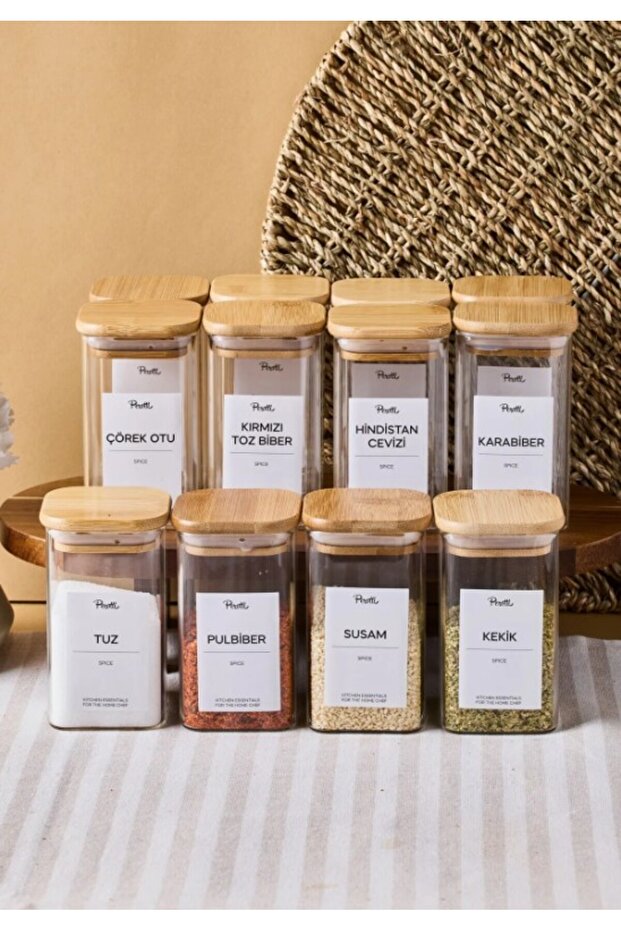 Gildo 12-Pack Bamboo Lid Borosilicate Glass Spice Jar 250ml 10X6Cm 16530