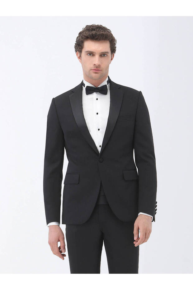 Black Slim Fit Butterfly Collar Woven Tuxedo Suit