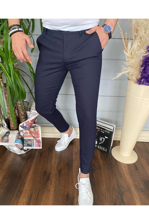 Men's Navy Slim Fit Patterned Stretch Fabric Trousers
