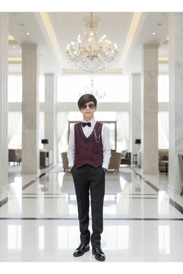 Children's Vest Suit Shirt Set Collar Striped Burgundy