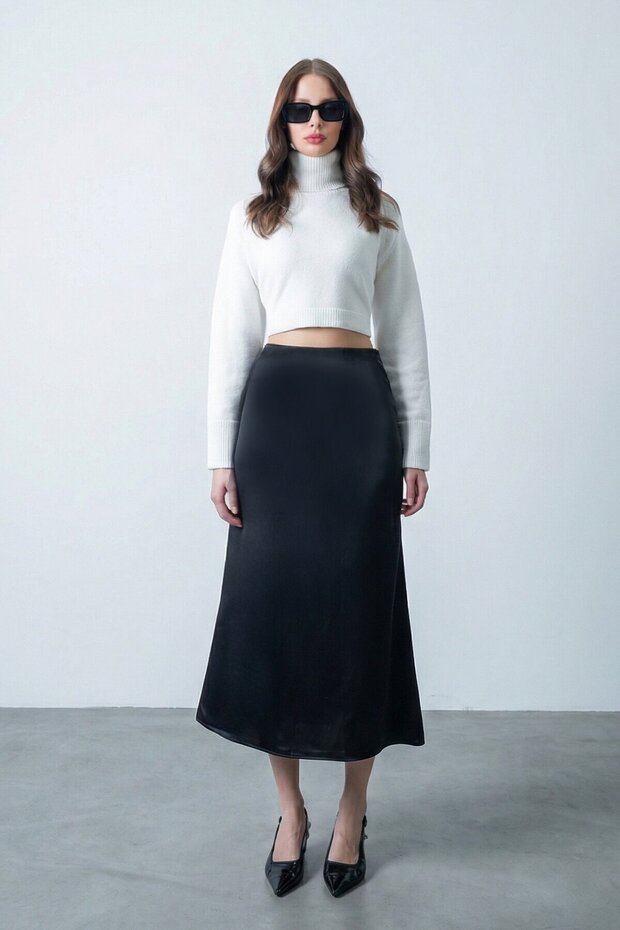 Yüksek Bel Basic Saten Etek - 1