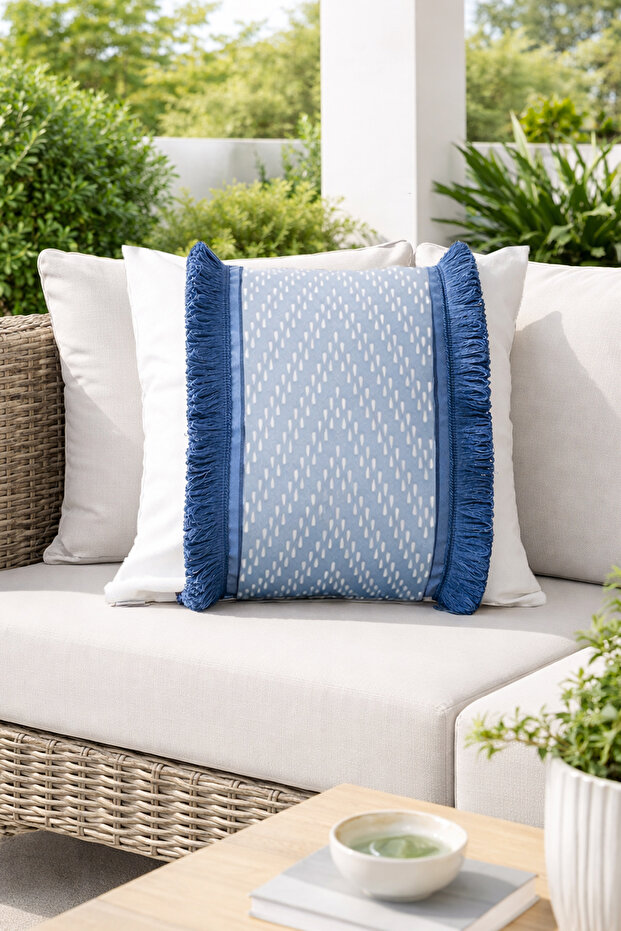 Tasseled Scandinavian Ethnic Marine Blue, Country, Bohemian, Throw Pillow Cover